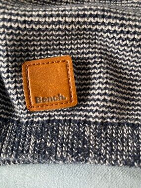 Bench Men’s One Size Navy and white Striped Knit Beanie with Tan Leather Logo